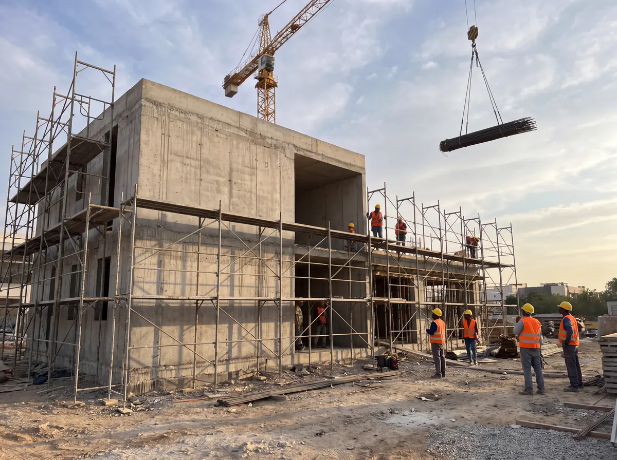 Armiranobetonska konstrukcija u skelama, dizalica podiže teret